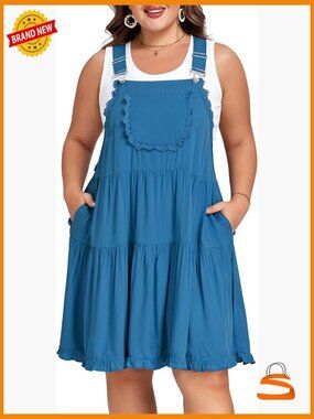 Plus Size Overall Dress Adjustable Straps Lace Trim Tiered Mini Dress with